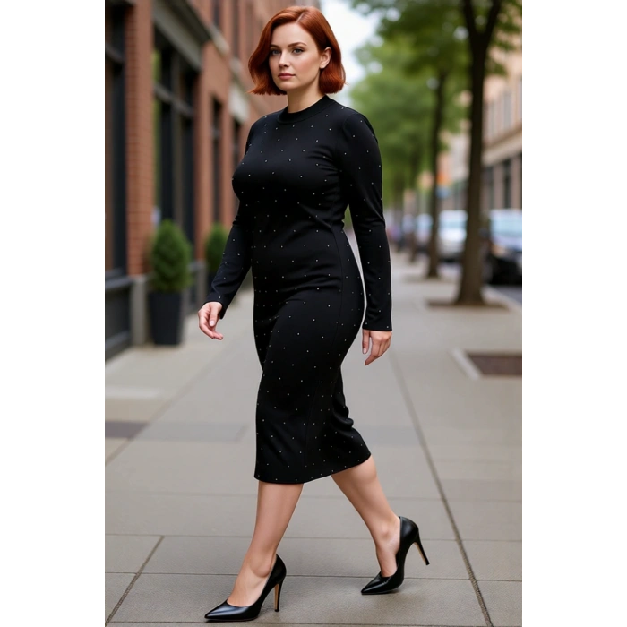 Kadınlara Özel Bodycon Kesim Siyah Triko Elbise Taşlı Detayları ile Midi Boy Uzun Kol Kaliteli