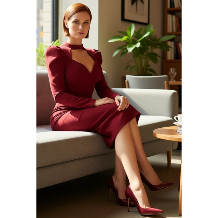 Kadınlara Özel Bordo Bodycon Kesim Midi Elbise Balon Kol Kalp Yaka Gece Kokteyl Davetleri İçin