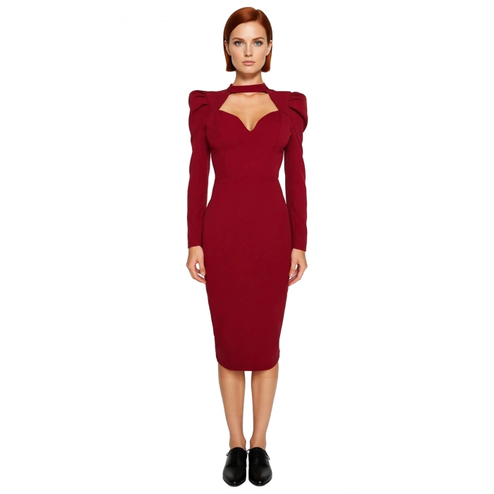 Kadınlara Özel Bordo Bodycon Kesim Midi Elbise Balon Kol Kalp Yaka Gece Kokteyl Davetleri İçin