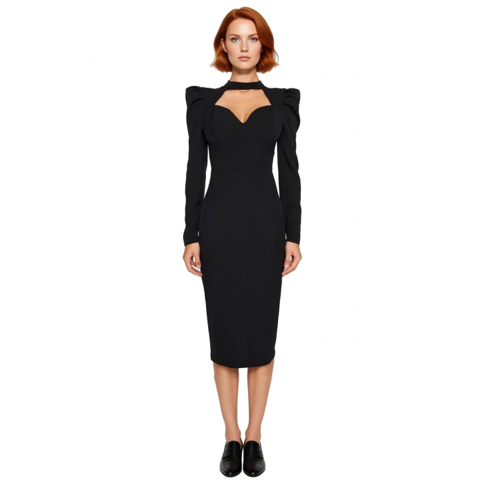 Kadınlara Özel Bordo Bodycon Kesim Midi Elbise Balon Kol Kalp Yaka Gece Kokteyl Davetleri İçin