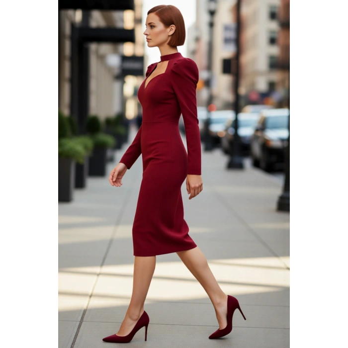 Kadınlara Özel Bordo Bodycon Kesim Midi Elbise Balon Kol Kalp Yaka Gece Kokteyl Davetleri İçin