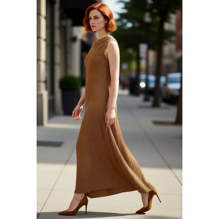 Kadınlara Özel Bürümcük Dokulu Örme Maxi Elbise Şık Kolsuz Tasarımıyla Günlük Rahatlık Sunar