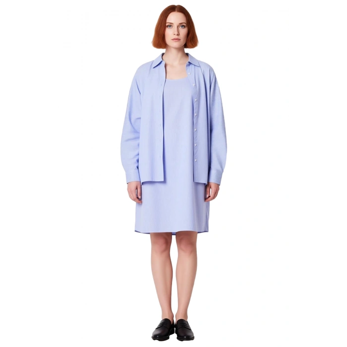 Kadınlara Özel Büyük Beden Çizgili Dokuma Mini Elbise Ve Gömlek İkili Takım İlkbahar Şıklığı