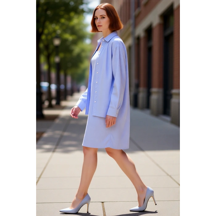 Kadınlara Özel Büyük Beden Çizgili Dokuma Mini Elbise Ve Gömlek İkili Takım İlkbahar Şıklığı