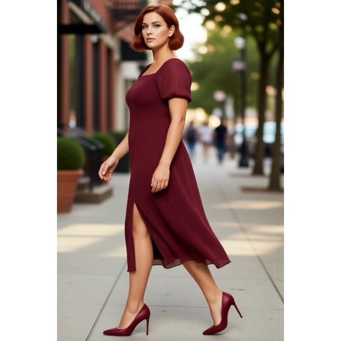 Kadınlara Özel Büyük Beden Kare Yaka Balon Kollu Astarlı Midi Boy Şifon Yırtmaçlı Elbise Kaliteli