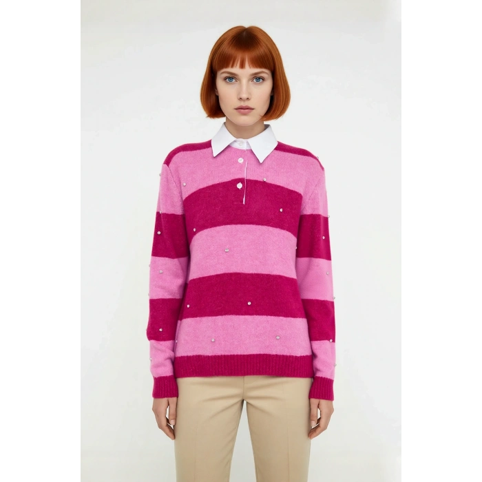 Kadınlara Özel Çizgili Polo Yaka Taş İşlemeli Triko Kazak Oversize Kesim Düşük Kol Kış Giyim