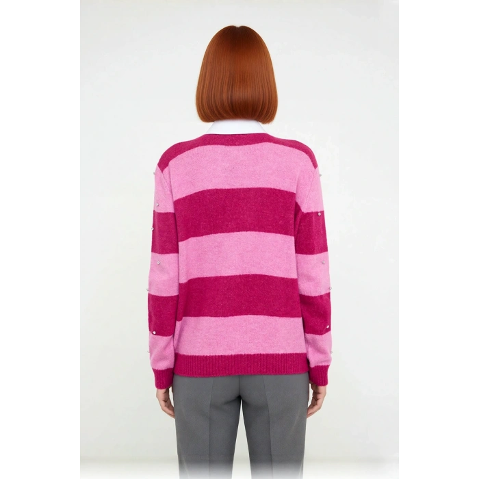 Kadınlara Özel Çizgili Polo Yaka Taş İşlemeli Triko Kazak Oversize Kesim Düşük Kol Kış Giyim