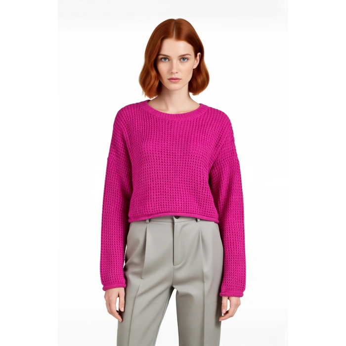 Kadınlara Özel Düşük Kollu Oversize Basic Super Crop Akrilik Kışlık Triko Kazak Şık ve Rahat