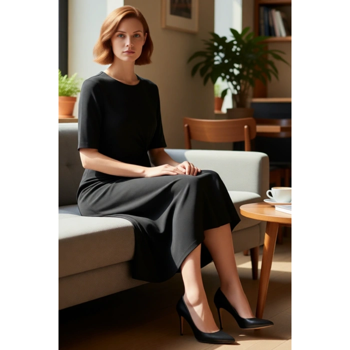 Kadınlara Özel Düz Desen Bisiklet Yaka Midi Elbise %100 Pamuk İnterlok Kumaş Şıklığı Kaliteli