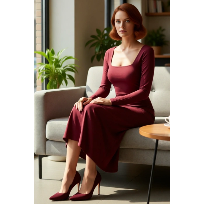 Kadınlara Özel Düz Desenli Uzun Kollu Bodycon Maxi Elbise Kare Yaka Polyester Karışımlı Kaliteli