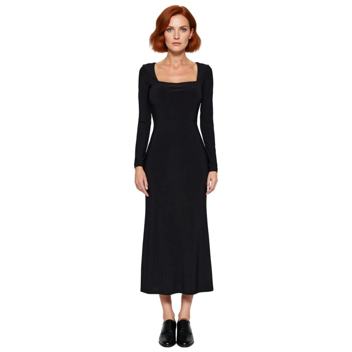 Kadınlara Özel Düz Desenli Uzun Kollu Bodycon Maxi Elbise Kare Yaka Polyester Karışımlı Kaliteli