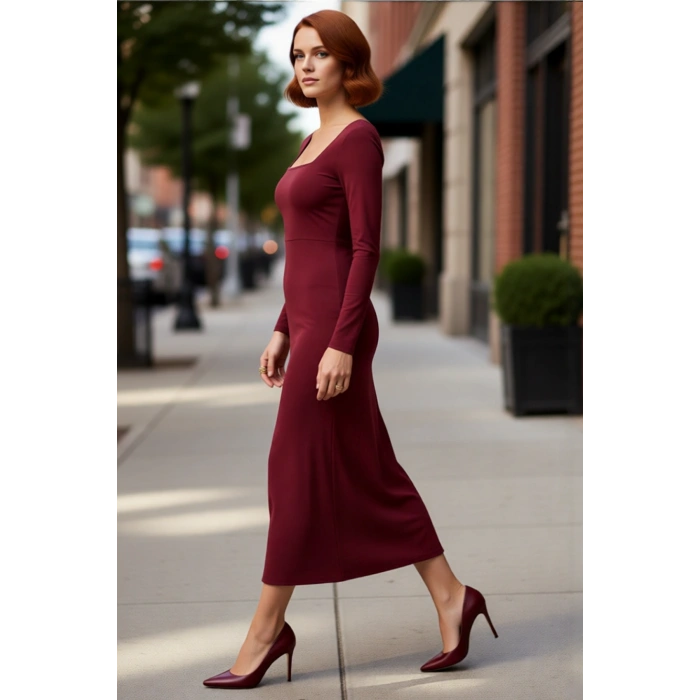 Kadınlara Özel Düz Desenli Uzun Kollu Bodycon Maxi Elbise Kare Yaka Polyester Karışımlı Kaliteli