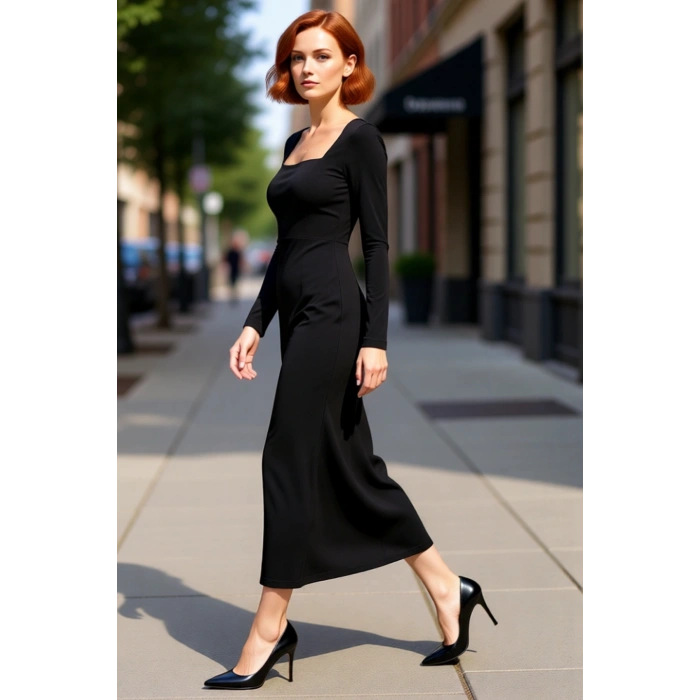 Kadınlara Özel Düz Desenli Uzun Kollu Bodycon Maxi Elbise Kare Yaka Polyester Karışımlı Kaliteli