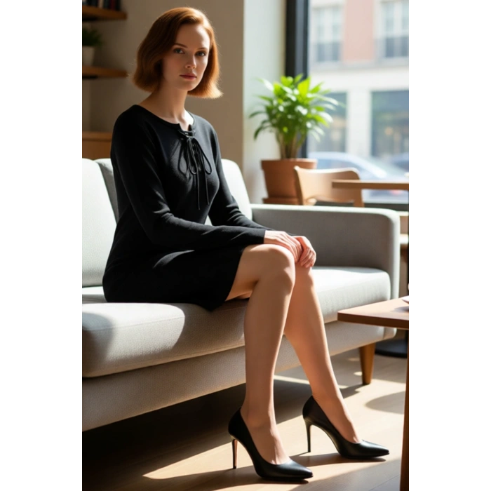 Kadınlara Özel Düz Siyah Mini Triko Elbise Kaçık Yaka Bağcık Detaylı Rahat Giy Çık Sonbahar