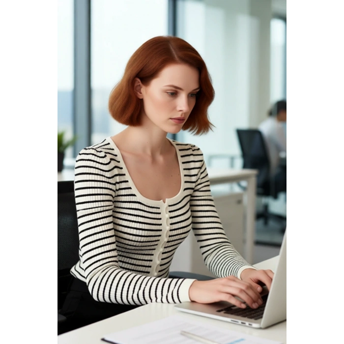 Kadınlara Özel Ekru Çizgili Kare Yaka Triko Bluz Fitted Uzun Kollu %100 Akrilik Zarafeti Kaliteli