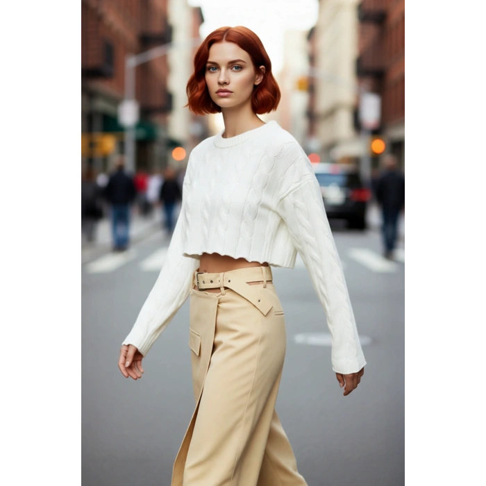 Kadınlara Özel Ekru Regular Kesim Süper Crop Saç Örgü Bisiklet Yaka Uzun Kol Akrilik Triko Kazak