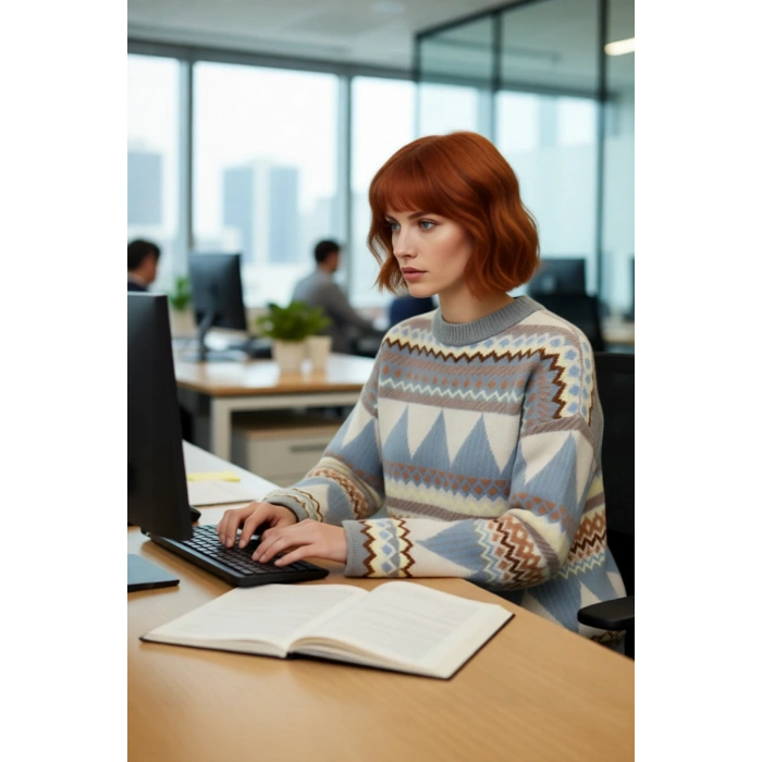 Kadınlara Özel Etnik Desenli Oversize Düşük Kol Bisiklet Yaka Triko Kazak Soğuk Havalara Uyumlu