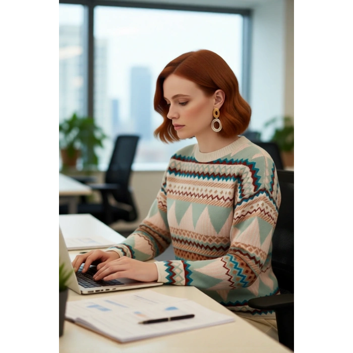 Kadınlara Özel Etnik Desenli Oversize Düşük Kol Bisiklet Yaka Triko Kazak Soğuk Havalara Uyumlu