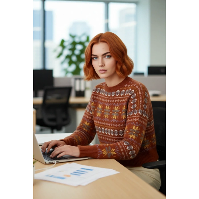 Kadınlara Özel Etnik Desenli Oversize Kalıp Düşük Kol Triko Kazak Kış Aylarının Vazgeçilmezi