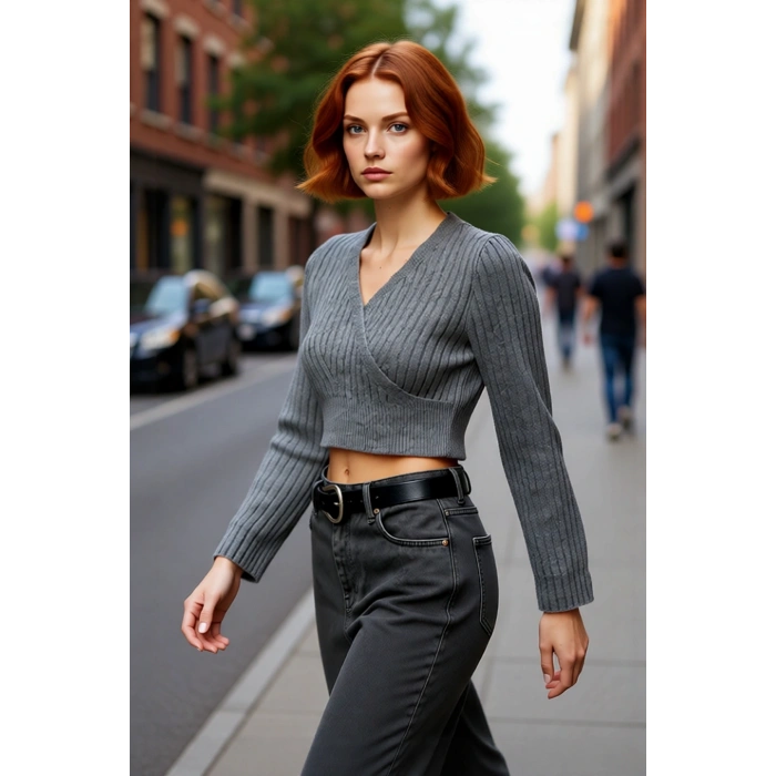 Kadınlara Özel Fitilli Kruvaze Crop Triko Kazak Serin Havalarda Şıklığı ve Konforu Bir Arada Sunar