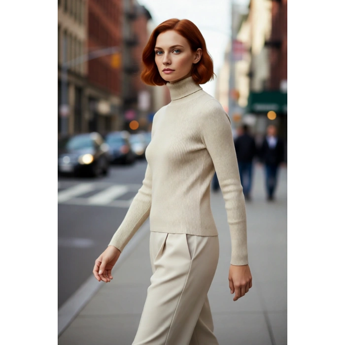 Kadınlara Özel Fitted Balıkçı Yaka Uzun Kollu Basic Triko Kazak Kış Günleri İçin İdeal Akrilik