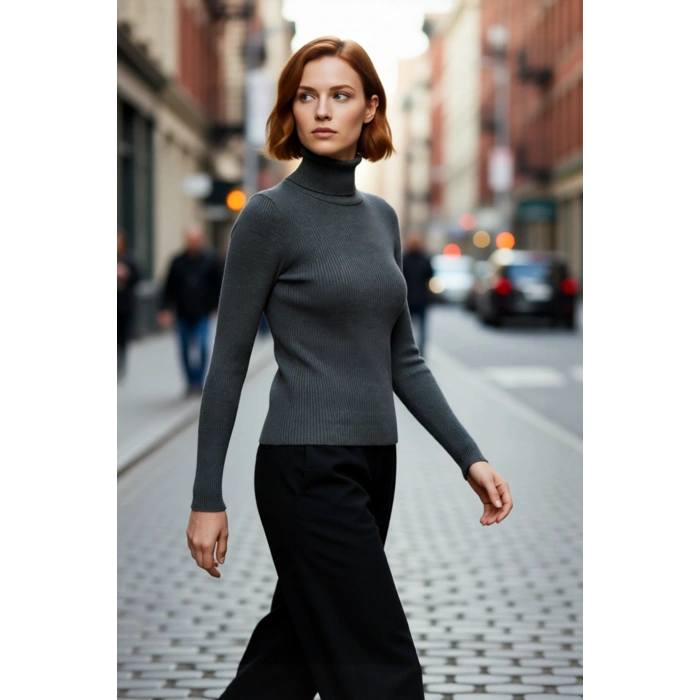 Kadınlara Özel Fitted Balıkçı Yaka Uzun Kollu Basic Triko Kazak Kış Günleri İçin İdeal Akrilik