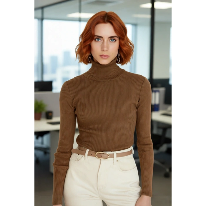 Kadınlara Özel Fitted Balıkçı Yaka Uzun Kollu Basic Triko Kazak Kış Günleri İçin İdeal Akrilik