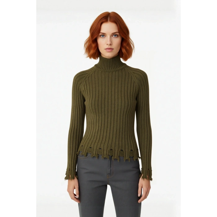 Kadınlara Özel Fitted Kesimli Crop Dik Yaka Uzun Kollu Fitilli Triko Kazak Günlük Stil İçin