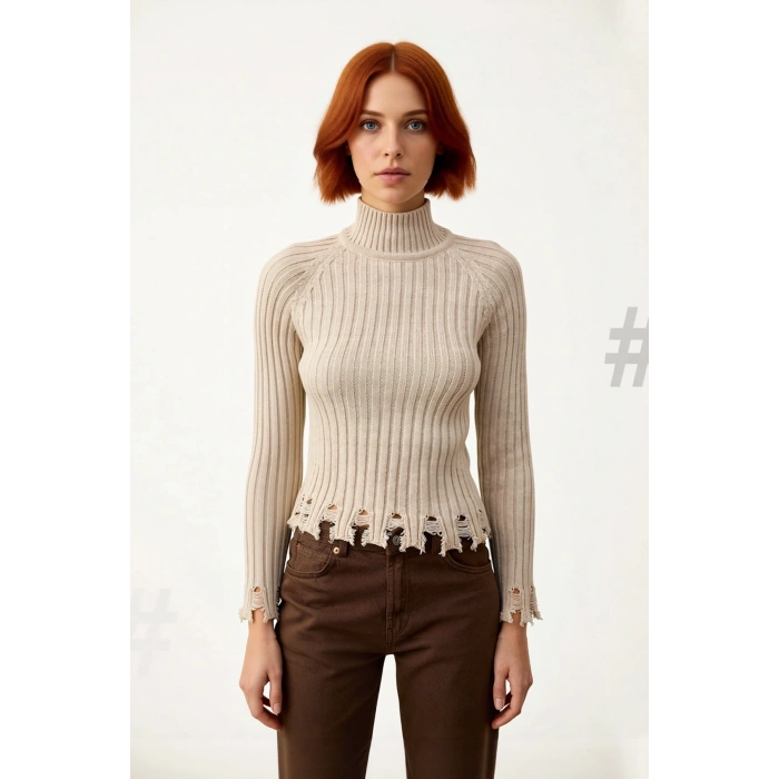 Kadınlara Özel Fitted Kesimli Crop Dik Yaka Uzun Kollu Fitilli Triko Kazak Günlük Stil İçin