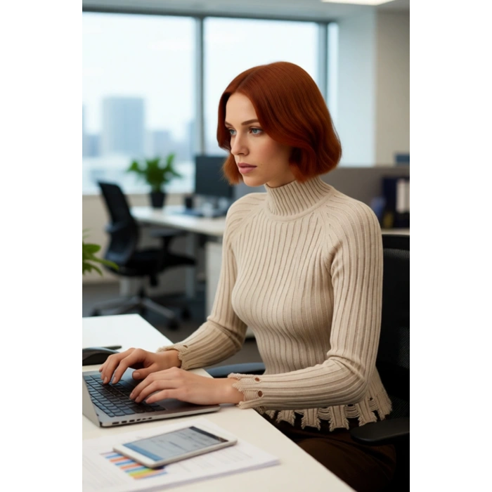 Kadınlara Özel Fitted Kesimli Crop Dik Yaka Uzun Kollu Fitilli Triko Kazak Günlük Stil İçin