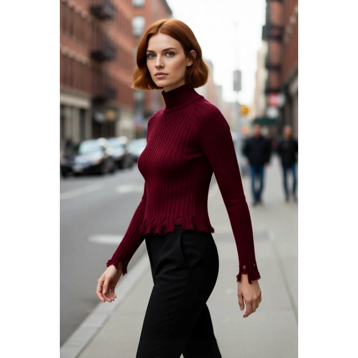 Kadınlara Özel Fitted Kesimli Crop Dik Yaka Uzun Kollu Fitilli Triko Kazak Günlük Stil İçin