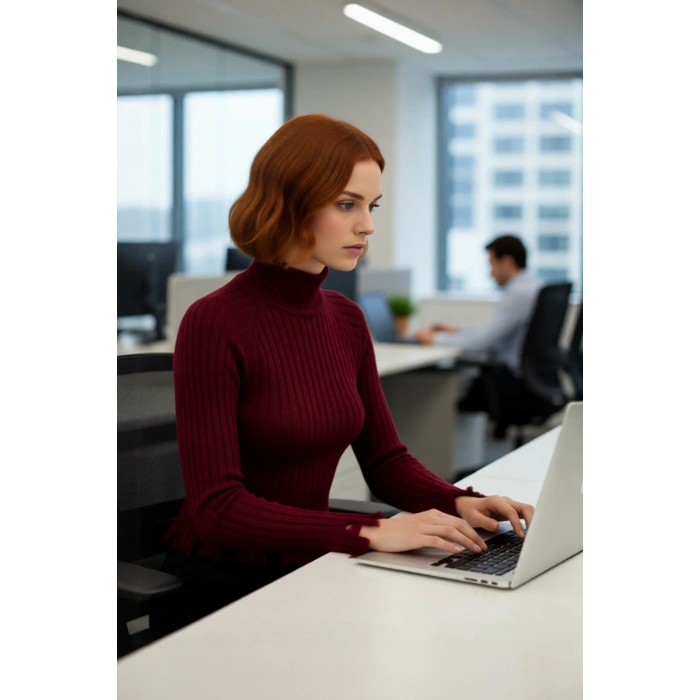 Kadınlara Özel Fitted Kesimli Crop Dik Yaka Uzun Kollu Fitilli Triko Kazak Günlük Stil İçin