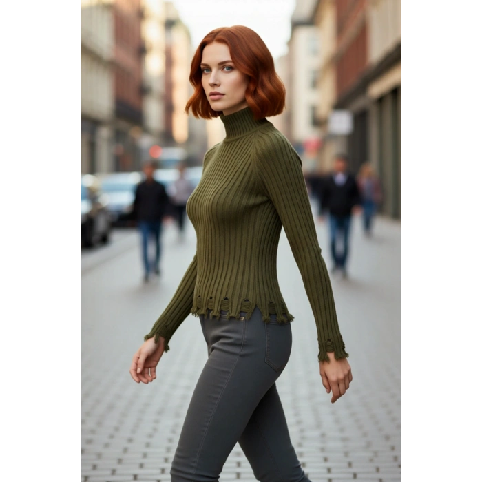 Kadınlara Özel Fitted Kesimli Crop Dik Yaka Uzun Kollu Fitilli Triko Kazak Günlük Stil İçin