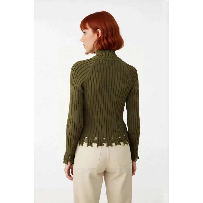 Kadınlara Özel Fitted Kesimli Crop Dik Yaka Uzun Kollu Fitilli Triko Kazak Günlük Stil İçin