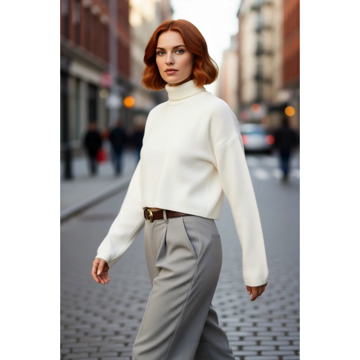 Kadınlara Özel Geniş Kalıp Balıkçı Yaka Triko Kazak Düşük Kol Süper Crop Kışlık Günlük Şıklık