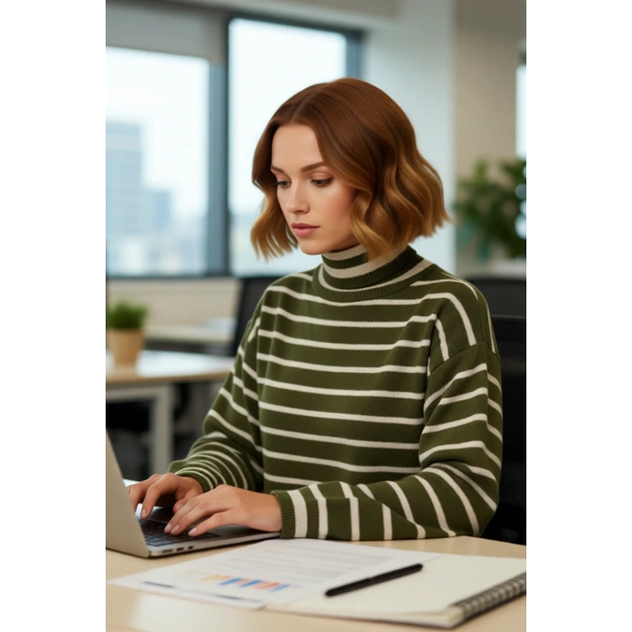 Kadınlara Özel Haki Çizgili Balıkçı Yaka Crop Akrilik Triko Kazak Günlük Kullanım İçin İdeal