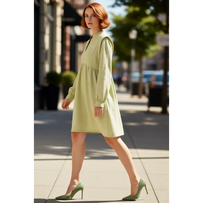 Kadınlara Özel Hakim Yaka Uzun Balon Kol Shift Mini Elbise Rahat Günlük Giy Çık Stili Kaliteli