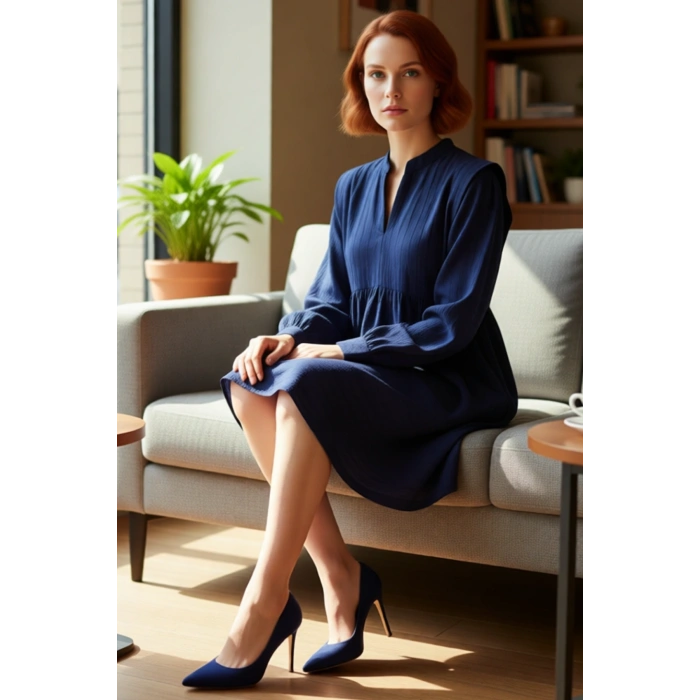 Kadınlara Özel Hakim Yaka Uzun Balon Kol Shift Mini Elbise Rahat Günlük Giy Çık Stili Kaliteli