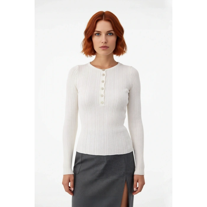 Kadınlara Özel İnce Fitted Triko Bisiklet Yaka Uzun Kollu Fitilli Kazak Günlük Rahatlık Sunar