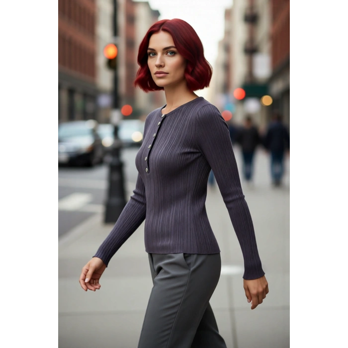 Kadınlara Özel İnce Fitted Triko Bisiklet Yaka Uzun Kollu Fitilli Kazak Günlük Rahatlık Sunar