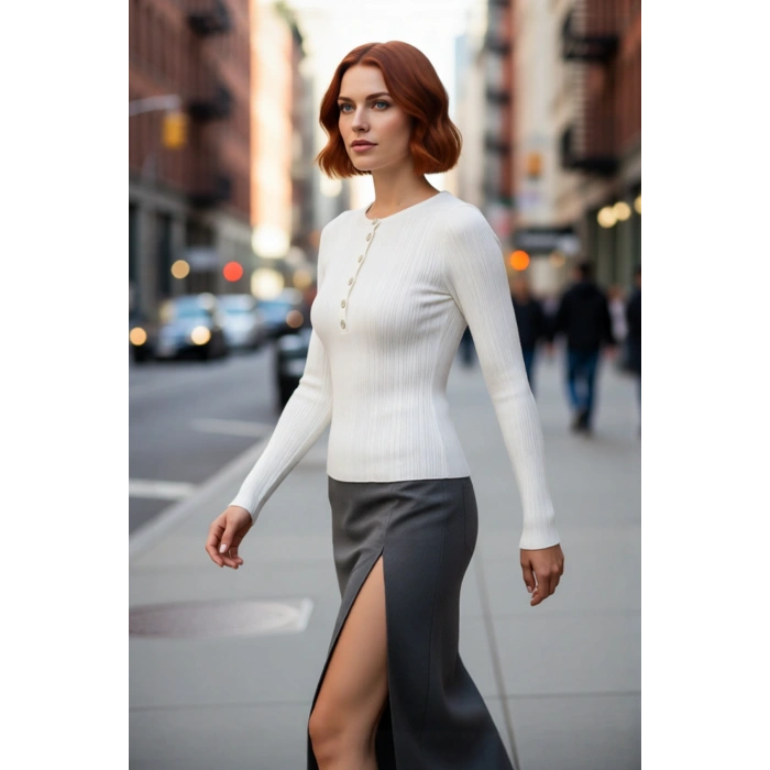 Kadınlara Özel İnce Fitted Triko Bisiklet Yaka Uzun Kollu Fitilli Kazak Günlük Rahatlık Sunar