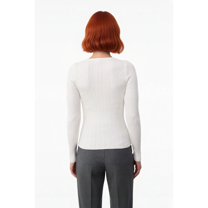 Kadınlara Özel İnce Fitted Triko Bisiklet Yaka Uzun Kollu Fitilli Kazak Günlük Rahatlık Sunar