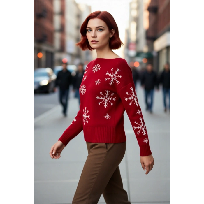 Kadınlara Özel Kayık Yaka Oversize Triko Kar Taneli Uzun Kollu Kışlık Kazak Modeli Kaliteli