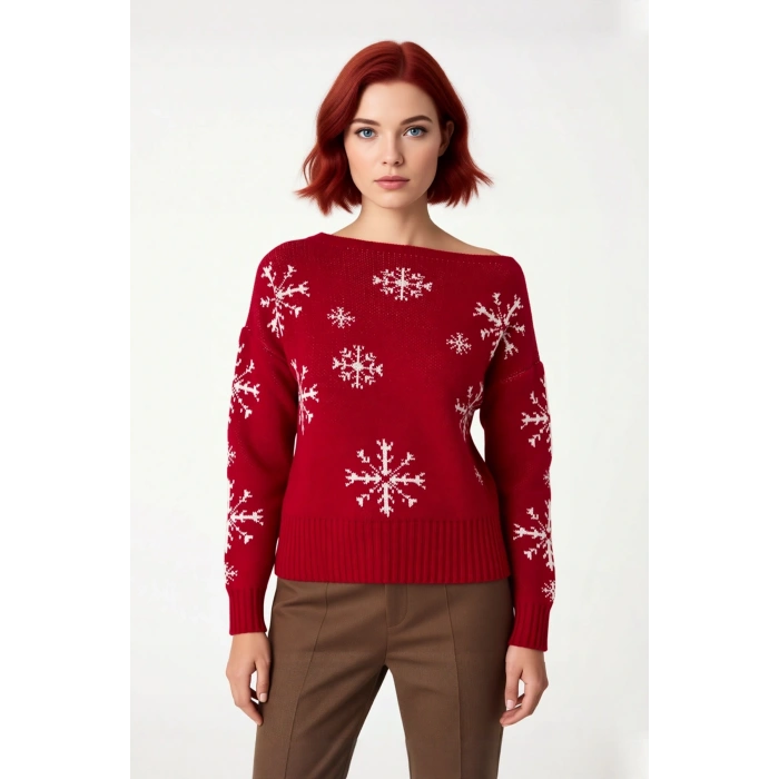 Kadınlara Özel Kayık Yaka Oversize Triko Kar Taneli Uzun Kollu Kışlık Kazak Modeli Kaliteli