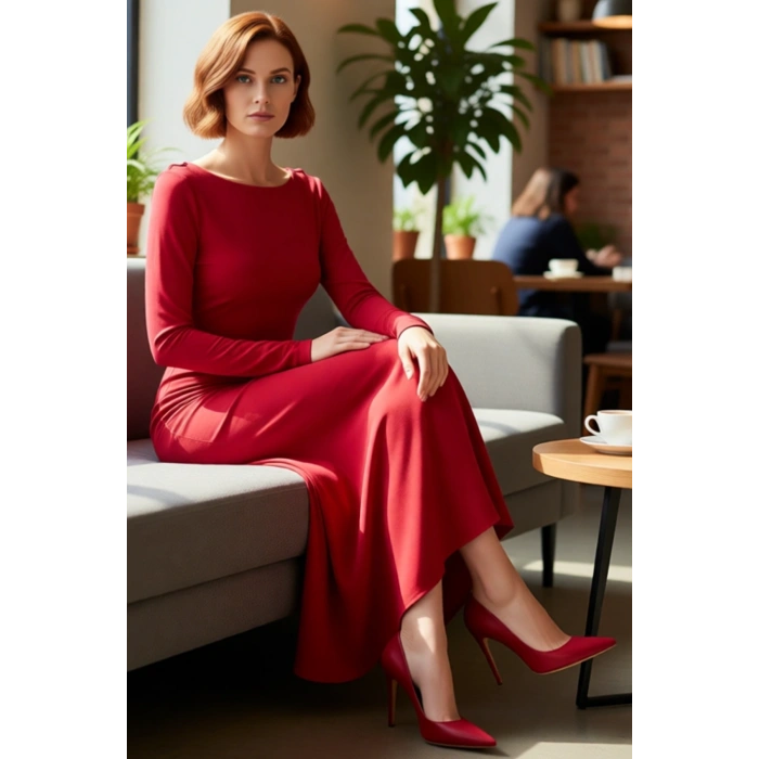 Kadınlara Özel Kayık Yaka Uzun Kol Bodycon Kesim Maxi Elbise Smart Mezuniyet ve Balo Şıklığı