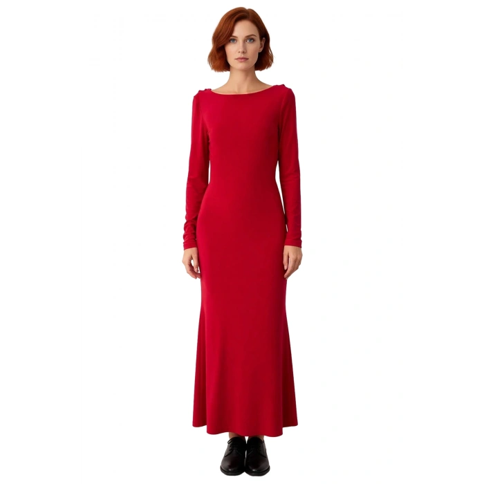 Kadınlara Özel Kayık Yaka Uzun Kol Bodycon Kesim Maxi Elbise Smart Mezuniyet ve Balo Şıklığı