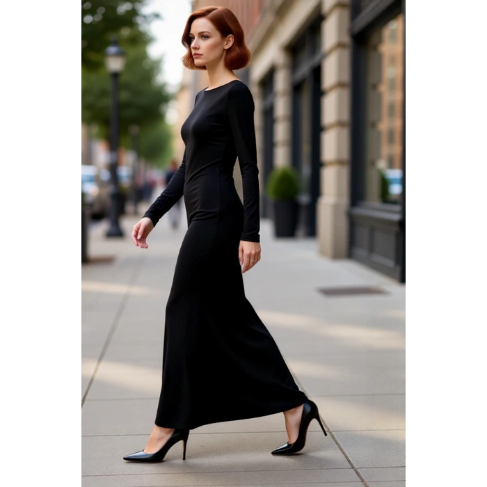 Kadınlara Özel Kayık Yaka Uzun Kol Bodycon Kesim Maxi Elbise Smart Mezuniyet ve Balo Şıklığı