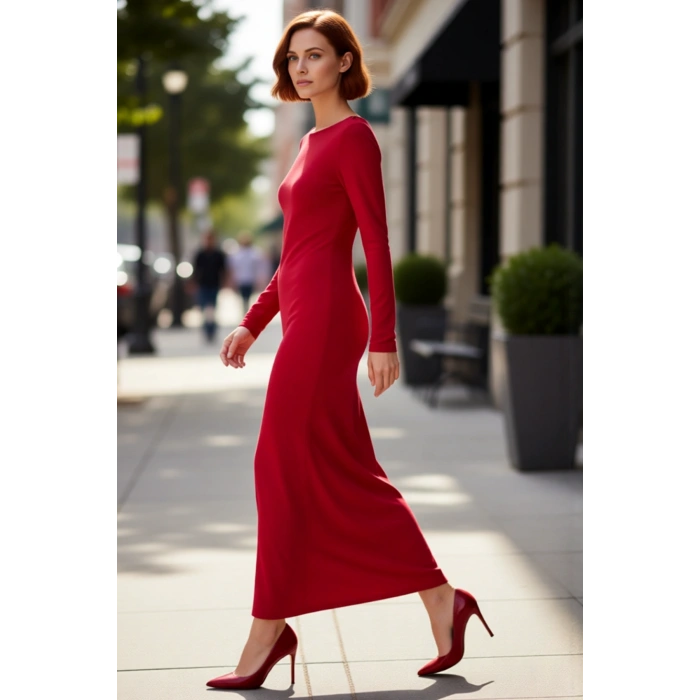 Kadınlara Özel Kayık Yaka Uzun Kol Bodycon Kesim Maxi Elbise Smart Mezuniyet ve Balo Şıklığı