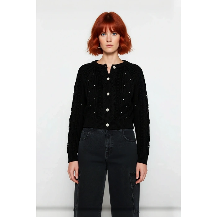 Kadınlara Özel Kışlık Regular Kalıp Saç Örgülü Crop Akrilik Triko Hırka Günlük Şıklık Kaliteli