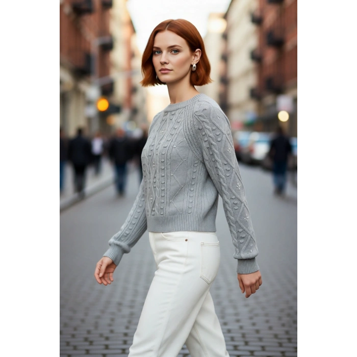 Kadınlara Özel Kışlık Regular Kalıp Saç Örgülü Crop Akrilik Triko Hırka Günlük Şıklık Kaliteli